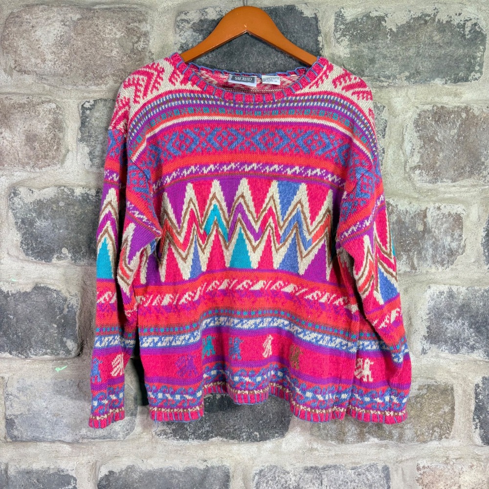 VTG Sigrid Olsen Pink Geometric Knit Ramie Cotton Sweater Womens Large Granny